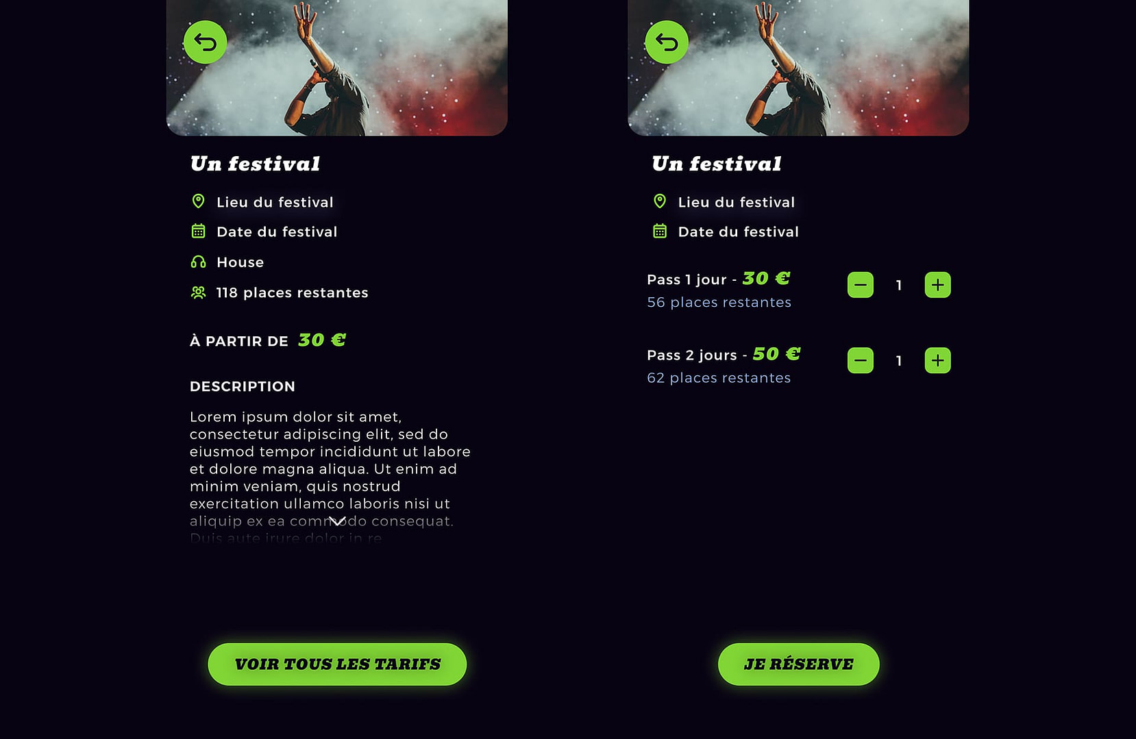 Page de réservation d'un festival de l'application VibeUp