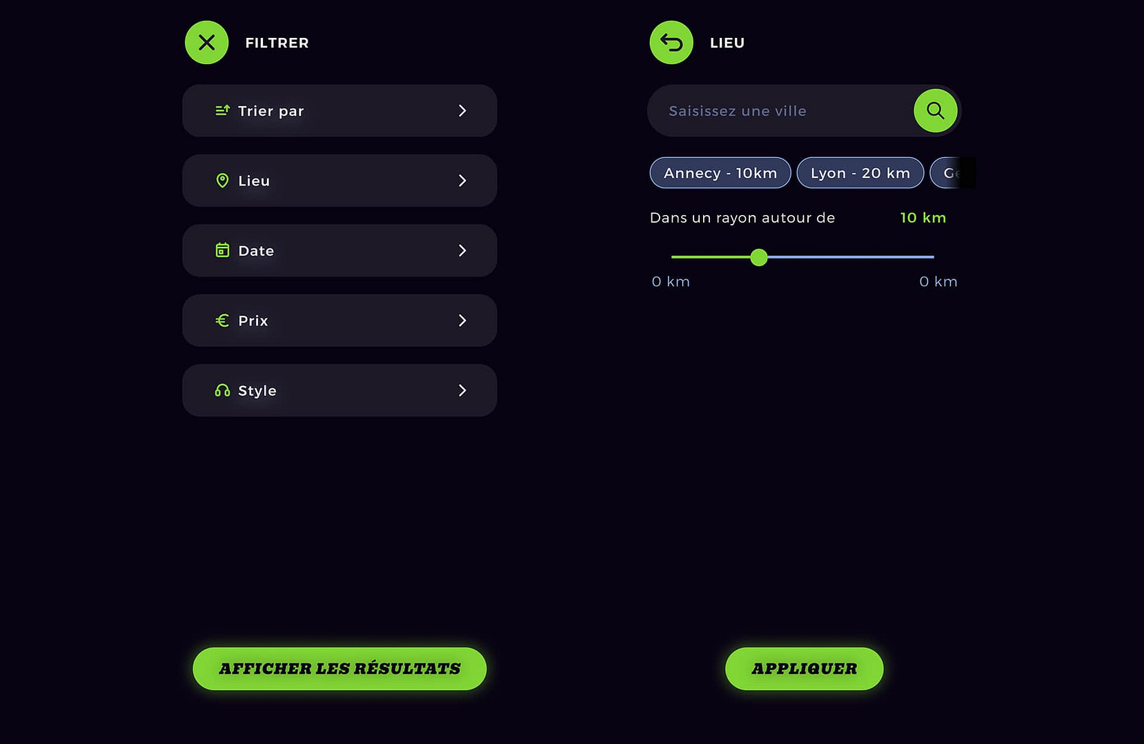 Page des filtres de l'application VibeUp