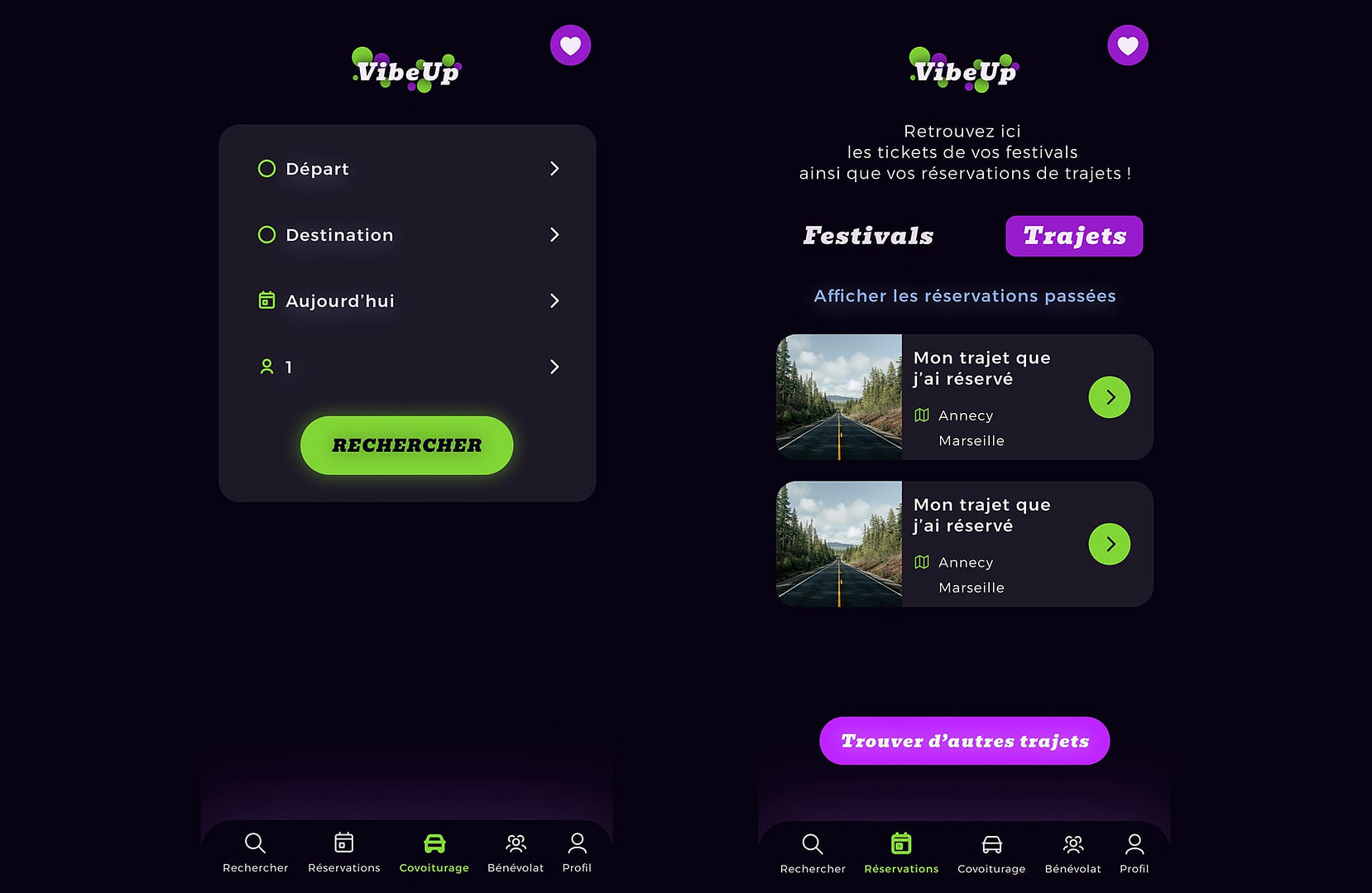 Page des réservations de l'application VibeUp