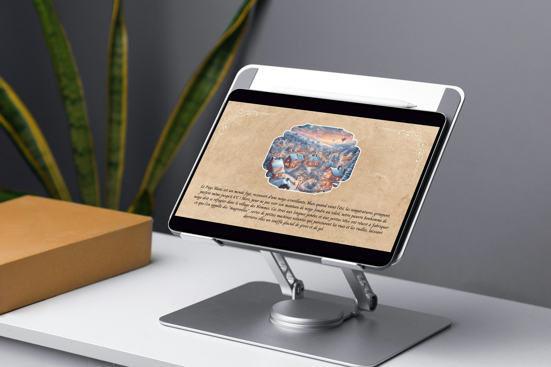 Ipad sur une table avec le conte du bonhomme de neige
